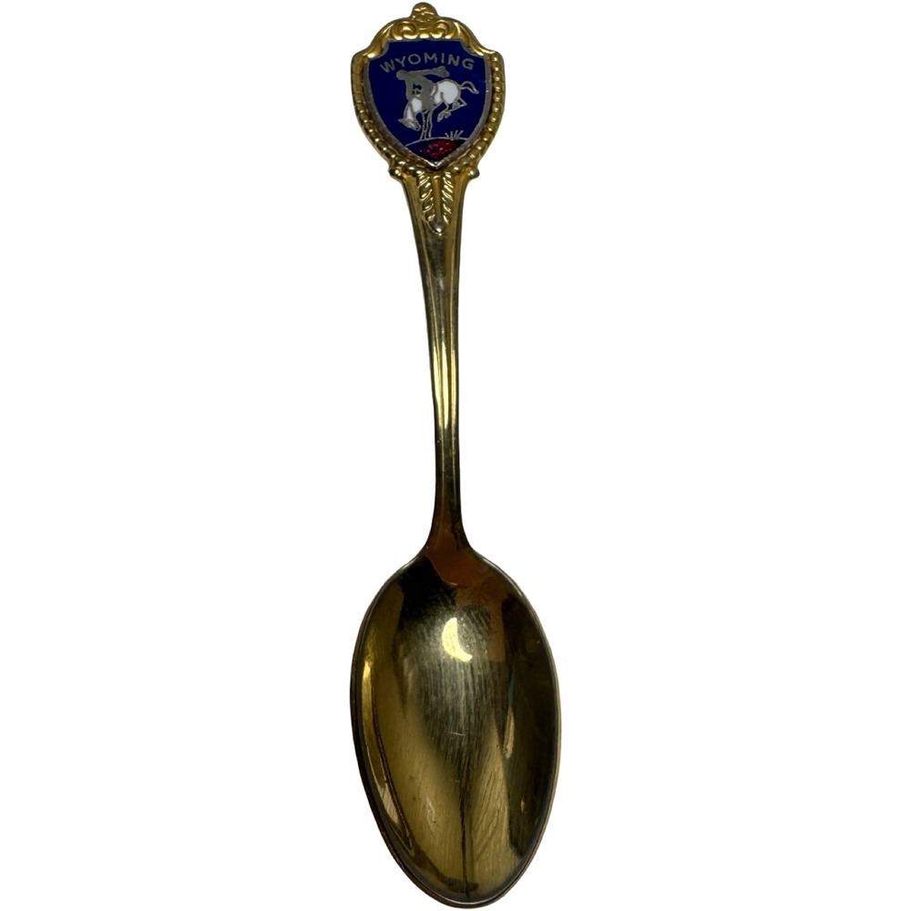 Vintage Wyoming State Souvenir Spoon Gold Tone Enamel Cowboy Bucking Horse